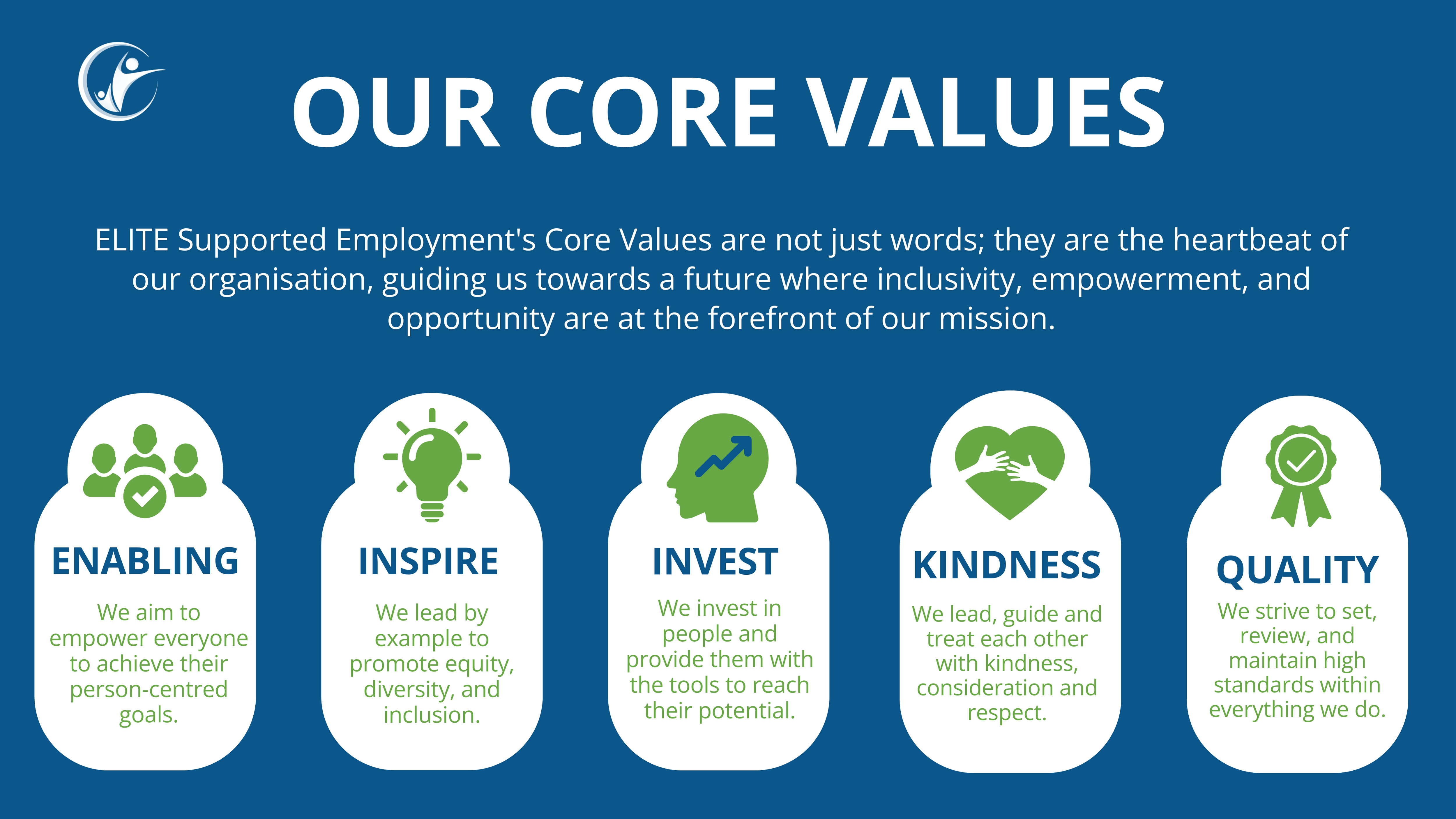 ELITE's Core Values are not just words. They are the heartbeat of our organisation, guiding us to a future where inclusivity, empowerment and opportunity are at the forfront of our missions. The values are: Enabling Inspire Invest Kindness Quality