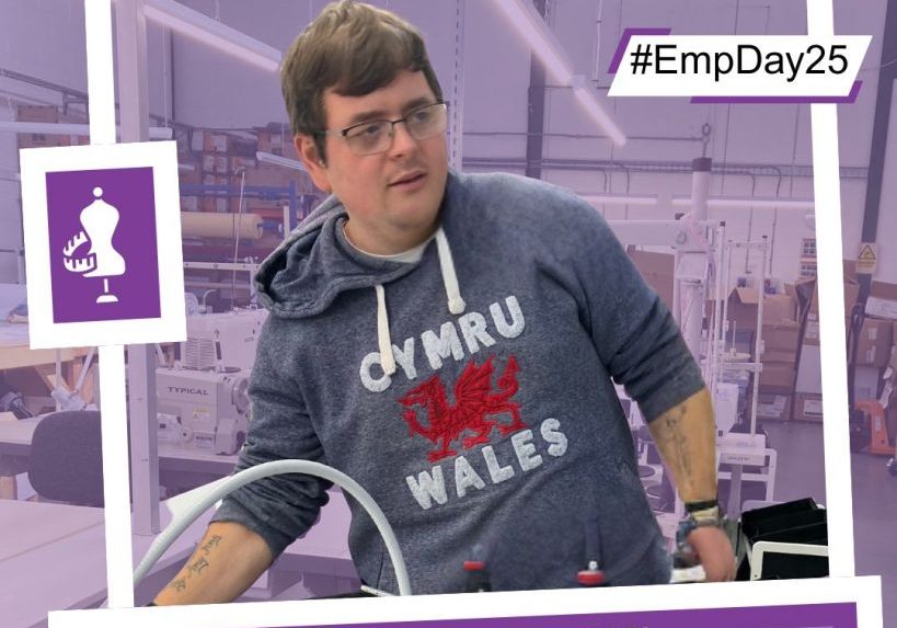 A young man in a grey hoodie with a Welsh dragon on is working near a sewing machine. The background is a garment factory. There is an icons on the picture of a dress maker’s dummy. The young man is surrounded by a frame with two text boxes. The heading reads “From Inactivity to Opportunity to Good Work”. The main body of the text reads “Meet David! David enrolled in the Supported Shared Apprenticeship programme to gain new qualifications and boost his confidence and career prospects.”